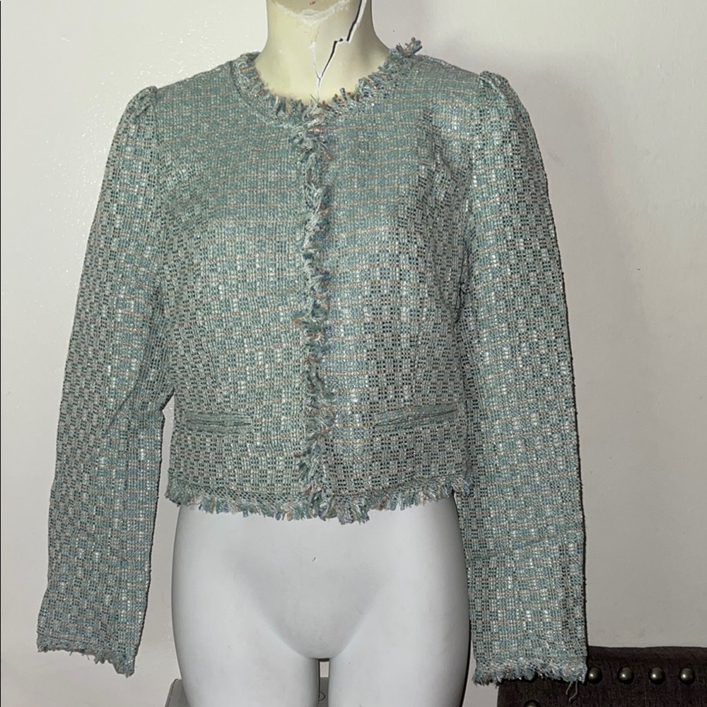 Blue Cropped Blazer with Textured Fabric